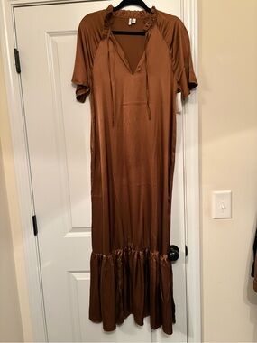 Nordstrom Brown Satin Ruffle-Hem Maxi Dress